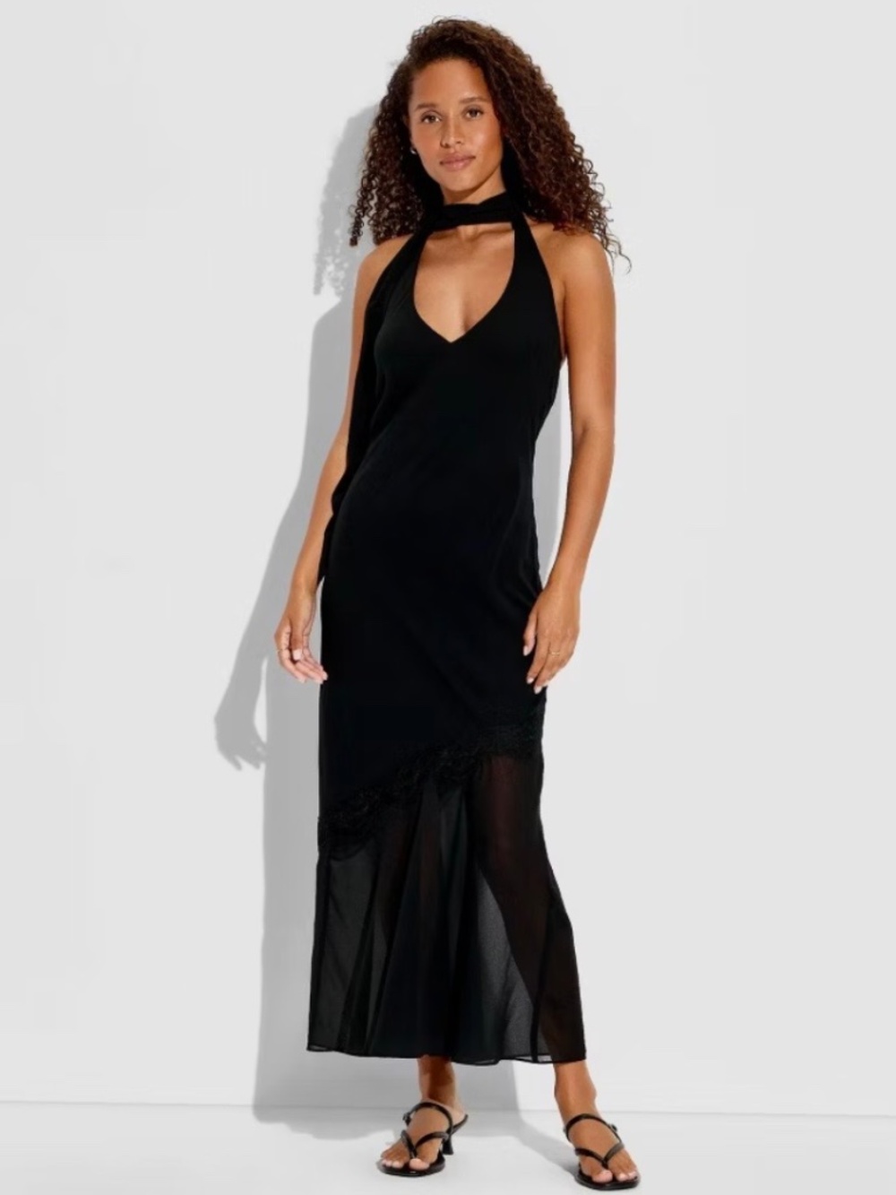 Wild Fable Women's Black Halter Neck Scarf Maxi Dress Lace detail NWT